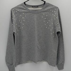 Select Women's Gray Pearl Embellished Sweater Cotton Blend Crew Neck
